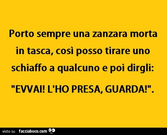 Porto sempre una zanzara morta in tasca, così posso tirare uno schiaffo a qualcuno e poi dirgli: evvai! L'ho presa, guarda