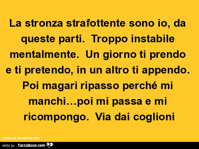 La stronza strafottente sono io, da queste parti. Troppo instabile mentalmente. Un giorno ti prendo e ti pretendo, in un altro ti appendo. Poi magari ripasso perché mi manchi… poi mi passa e mi ricompongo. Via dai coglioni