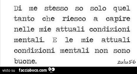 Di me stesso so solo quel tanto che riesco a capire nelle mie attuali condizioni mentali. E le mie attuali condizioni mentali non sono buone