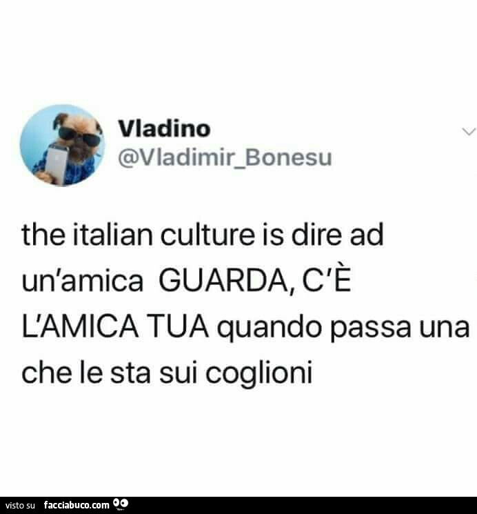 The italian culture is dire ad un'amica guarda, c'è l'amica tua quando passa una che le sta sui coglioni