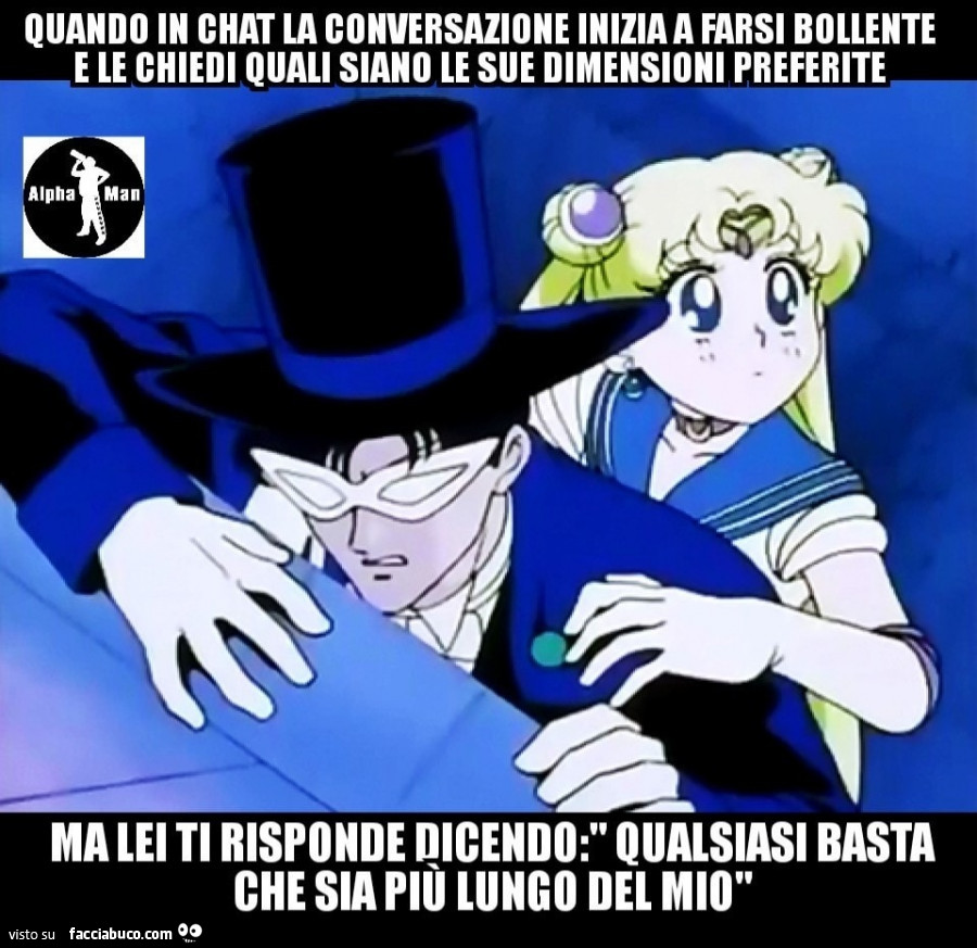 Quando in chat la conversazione inizia a farsi bollente e le chiedi quali siano le sue dimensioni preferite ma lei ti risponde dicendo: qualsiasi basta che sia più lungo del mio