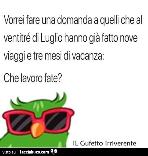 Vorrei fare una domanda a quelli che al ventitré di luglio hanno già fatto nove viaggi e tre mesi di vacanza: che lavoro fate?