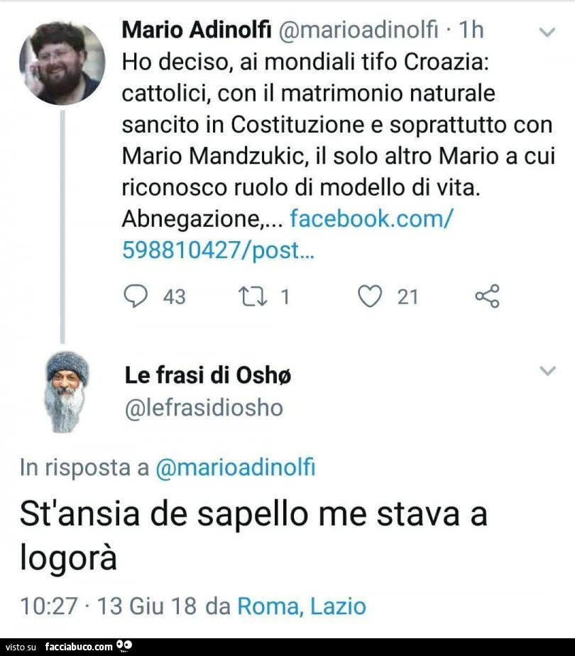 Mario Adinolfi ho deciso, ai mondiali tifo croazia: cattolici, con il matrimonio naturale sancito in costituzione. Osho: st'ansia de sapello me stava a logorà