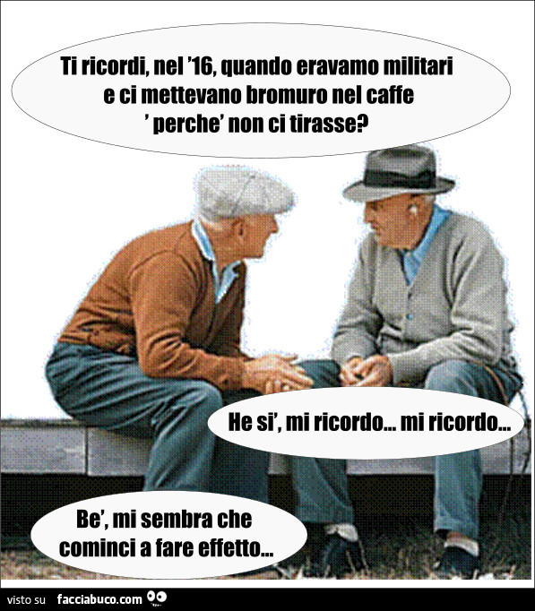 Ti ricordi, nel 16, quando eravamo militari e ci mettevano bromuro nel caffè perché non ci tirasse? He sì, mi ricordo, mi ricordo… bè, mi sembra che cominci a fare effetto