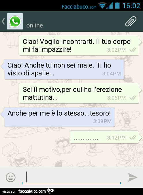 Ciao! Voglio incontrarti. Il tuo corpo mi fa impazzire! Ciao! Anche tu non sei male. Ti ho visto di spalle… Sei il motivo, per cui ho l'erezione mattutina… Anche per me è lo stesso… tesoro