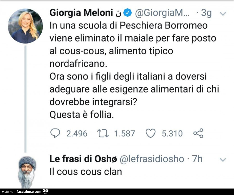 In una scuola di peschiera borromeo viene eliminato il maiale per fare posto al cous-cous, alimento tipico nordafricano. Ora sono i figli degli italiani a doversi adeguare alle esigenze alimentari di chi dovrebbe integrarsi? Il cous cous clan