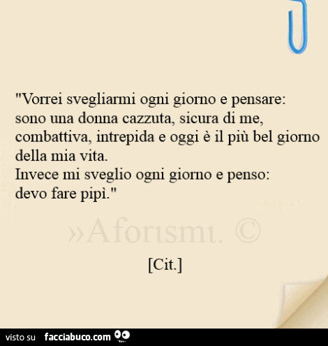 Vorrei svegliarmi ogni giorno e pensare: sono una donna cazzuta, sicura di me, combattiva, intrepida e oggi è il più bel giorno della mia vita invece mi sveglio ogni giorno e penso: devo fare pipi
