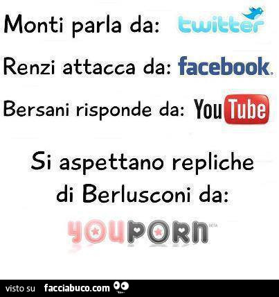 Monti parla da: twitter. Renzi attacca da: facebook. Bersani risponde da: youtube. Si aspettano repliche di berlusconi da: youporn