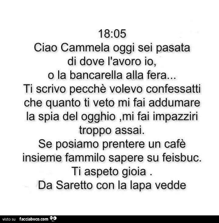 Ciao cammela oggi sei pasata di dove l'avoro io, o la bancarella alla fera… ti scrivo pecchè volevo confessatti che quanto ti veto mi fai addumare la spia del ogghio, mi fai impazziri troppo assai. Se posiamo prentere un cafè insieme fammilo s