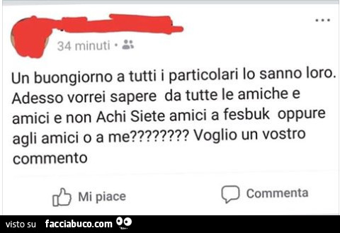 Un buongiorno a tutti i particolari io sanno loro. Adesso vorrei sapere da tutte le amiche e amici e non achi siete amici a fesbuk oppure agli amici o a me? Voglio un vostro commento