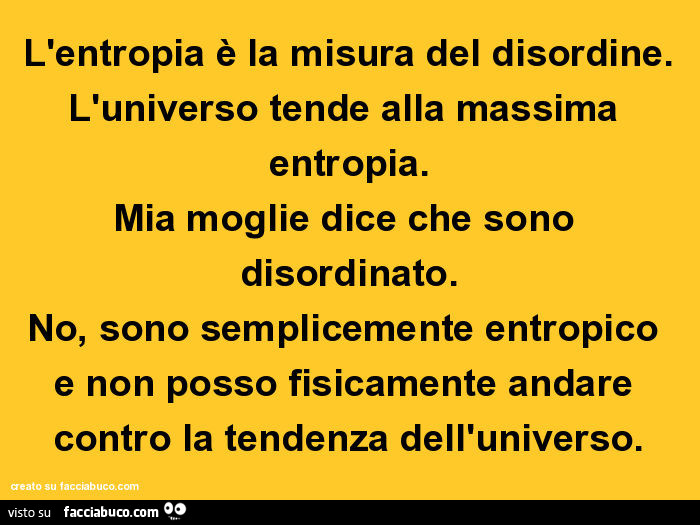L'entropia è la misura del disordine. L'universo tende alla massima entropia. Mia moglie dice che sono disordinato. No, sono semplicemente entropico e non posso fisicamente andare contro la tendenza dell'universo