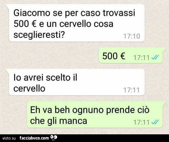 Giacomo se per caso trovassi 500 € e un cervello cosa sceglieresti? 500 euro. Io avrei scelto il cervello. Eh va beh ognuno prende ciò che gli manca