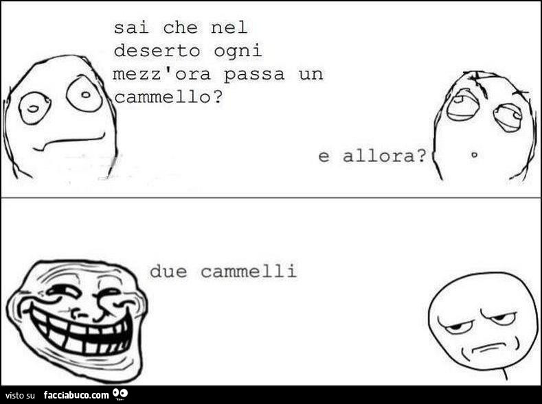 Sai che nel deserto ogni mezz'ora passa un o cammello? E allora? Due cammelli