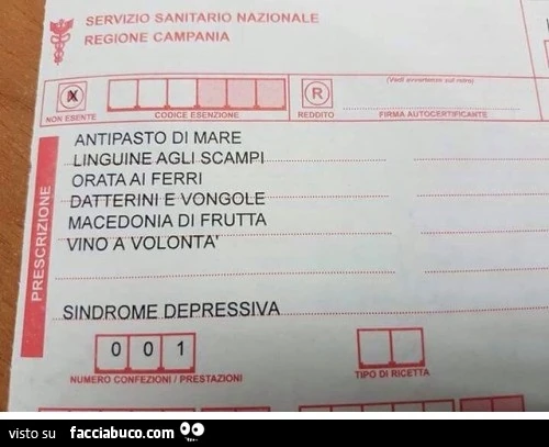 Ricetta medica per sindrome depressiva: antipasto di mare, linguine agli scampi, orata ai ferri, datterini e vongole, macedonia di frutta, vino a volontà