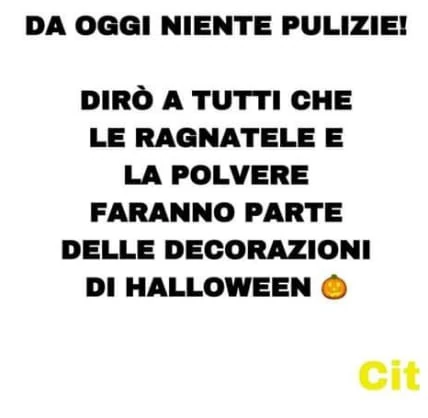Da oggi niente pulizie! Dirรฒ a tutti che le ragnatele e la polvere faranno parte delle decorazioni di halloween
