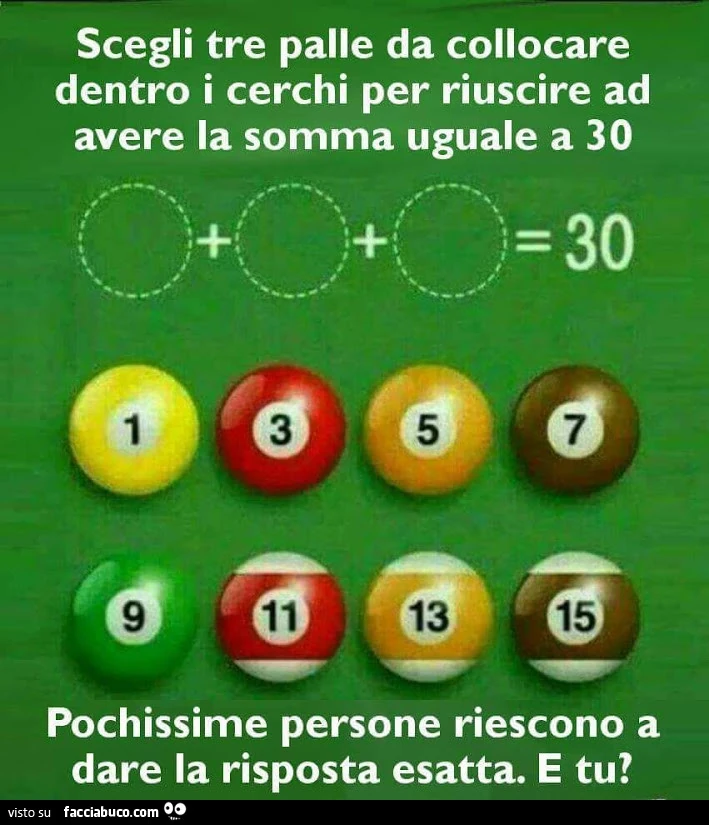 Scegli tre palle da collocare dentro i cerchi per riuscire ad avere la somma uguale a 30 11 pochissime persone riescono a dare la risposta esatta. E tu?