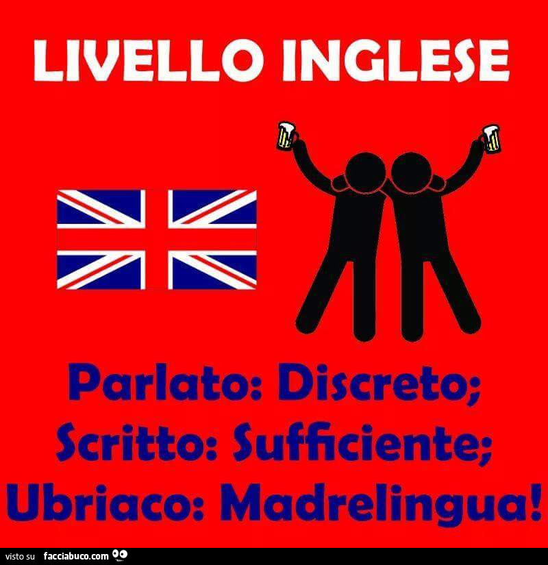 Livello inglese: parlato: discreto; scritto: sufficiente; ubriaco: madrelingua