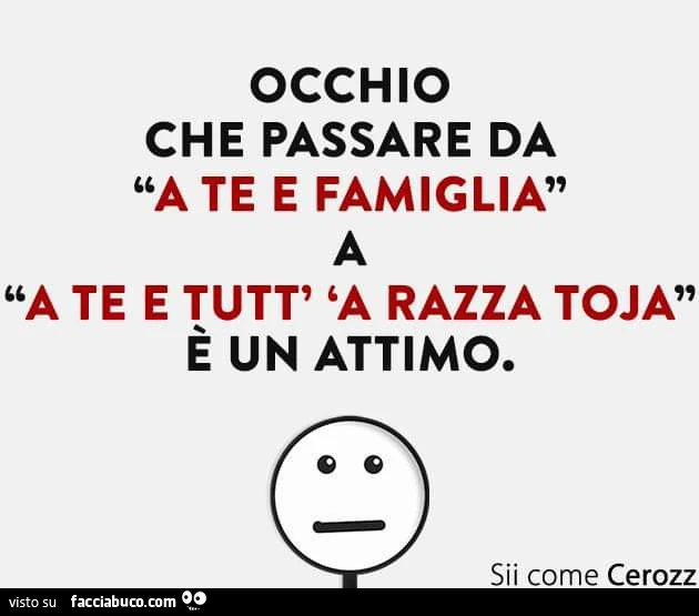 Occhio che passare da a te e famiglia a a te e tutt' 'a razza toja è un attimo