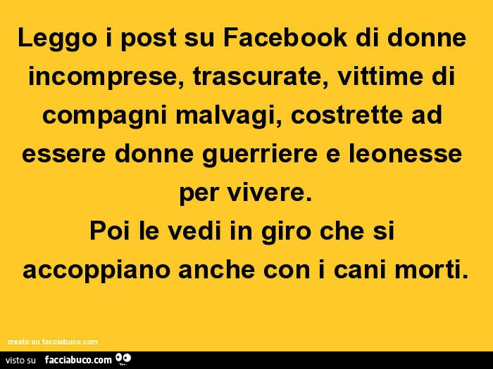 Leggo i post su facebook di donne incomprese, trascurate, vittime di compagni malvagi, costrette ad essere donne guerriere e leonesse per vivere. Poi le vedi in giro che si accoppiano anche con i cani morti
