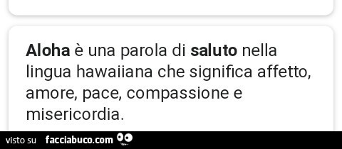 Aloha è una parola di saluto nella lingua hawaiiana che significa affetto, amore, pace, compassione e misericordia