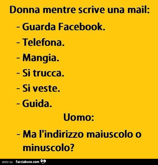 Donna mentre scrive una mail: guarda facebook. Telefona. Mangia. Si trucca. Si veste. Guida. Uomo: ma l'indirizzo maiuscolo o minuscolo?