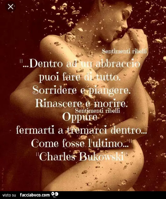 Dentro un abbraccio puoi fare di tutto. Sorridere e piangere. Rinascere e morire. Oppure fermati a tremarci dentro… come fosse l'ultimo. Charles Bukowski