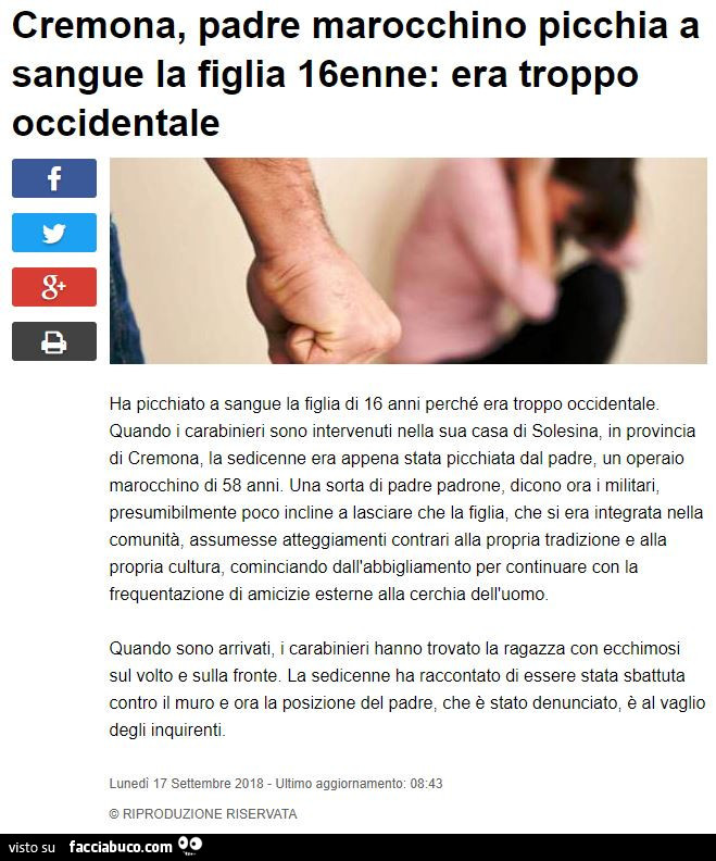 Cremona, padre marocchino picchia a sangue la figlia 16enne: era troppo occidentale