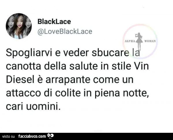 Spogliarvi e veder sbucare la canotta della salute in stile vin diesel è arrapante come un attacco di colite in piena notte, cari uomini