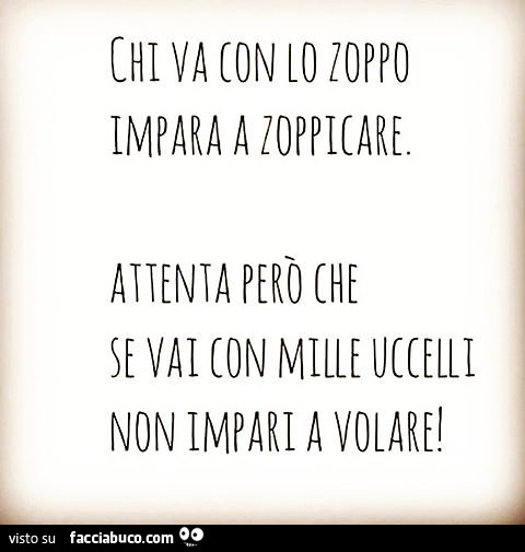 Chi va con lo zoppo impara a zoppicare. Attenta però che se vai con mille uccelli non impari a volare