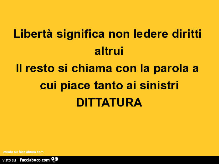 Libertà significa non ledere diritti altrui, il resto si chiama con la parola a cui piace tanto ai sinistri dittatura