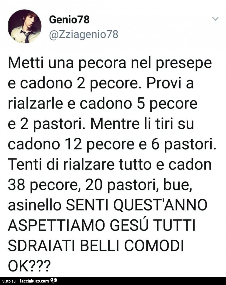 Metti una pecora nel presepe e cadono 2 pecore. Provi a rialzarle e cadono 5 pecore e 2 pastori. Mentre li tiri su cadono 12 pecore e 6 pastori. Tenti di rialzare tutto e cadon 38 pecore, 20 pastori, bue, asinello senti quest'anno aspettiamo gesù tut