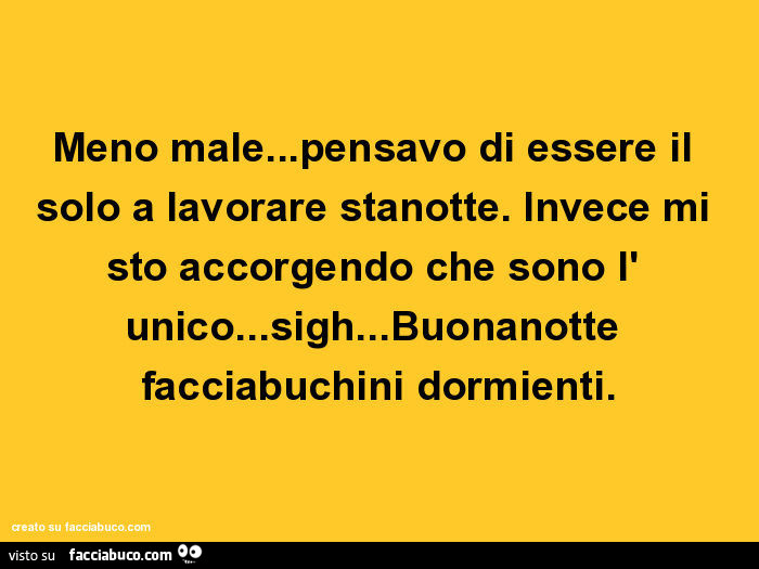 Meno male… pensavo di essere il solo a lavorare stanotte. Invece mi sto accorgendo che sono l' unico… sigh… buonanotte facciabuchini dormienti