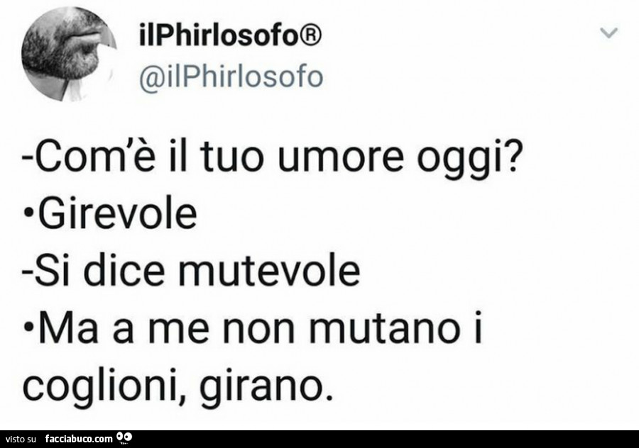 Com'è il tuo umore oggi? Girevole. Si dice mutevole. Ma a me non mutano i coglioni, girano