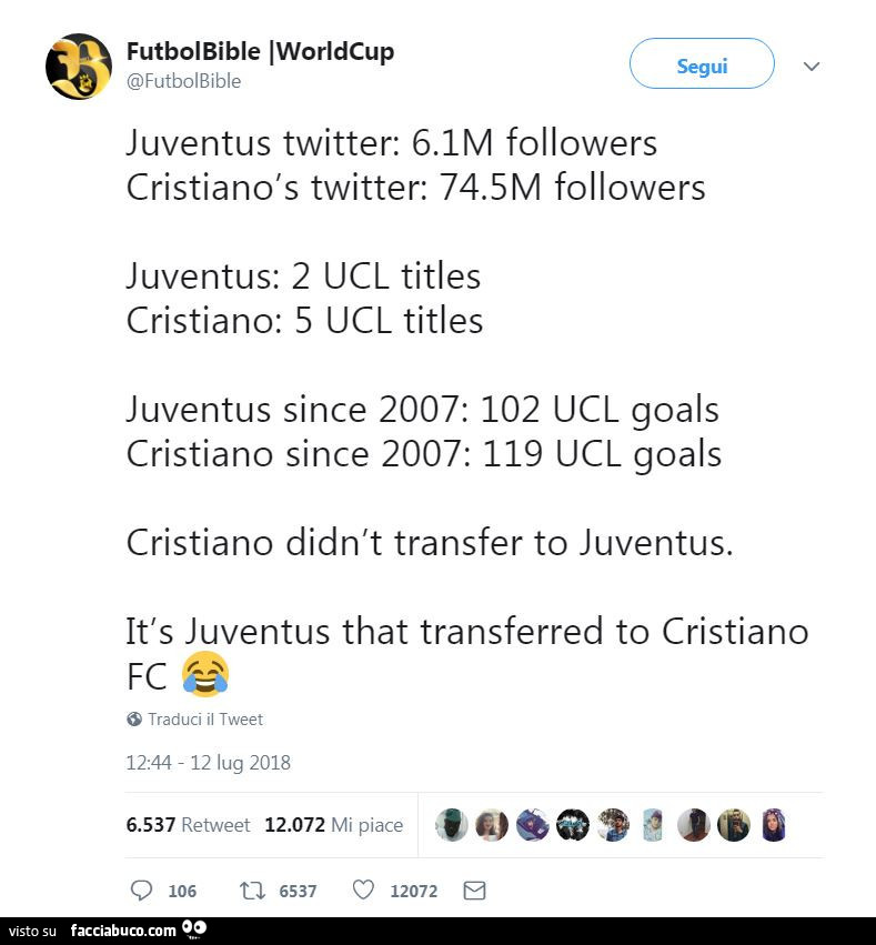 Cristiano didn't transfer to juventus. It's juventus that transferred to cristiano