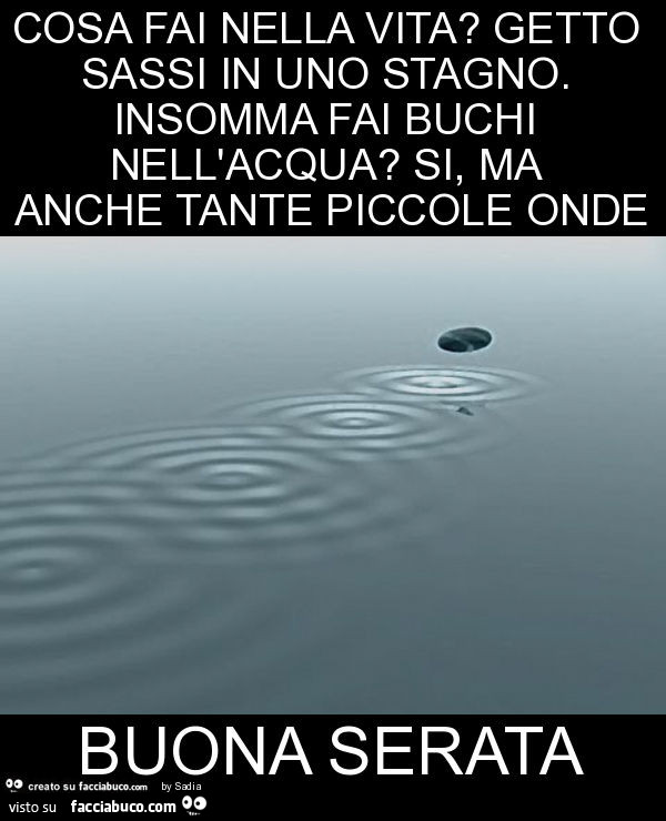 Cosa fai nella vita? Getto sassi in uno stagno. Insomma fai buchi nell'acqua? Si, ma anche tante piccole onde buona serata