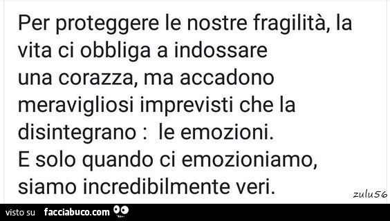 Per proteggere le nostre fragilità, la vita ci obbliga a indossare una corazza, ma accadono meravigliosi imprevisti che la disintegrano: le emozioni. E solo quando ci emozioniamo, siamo incredibilmente veri