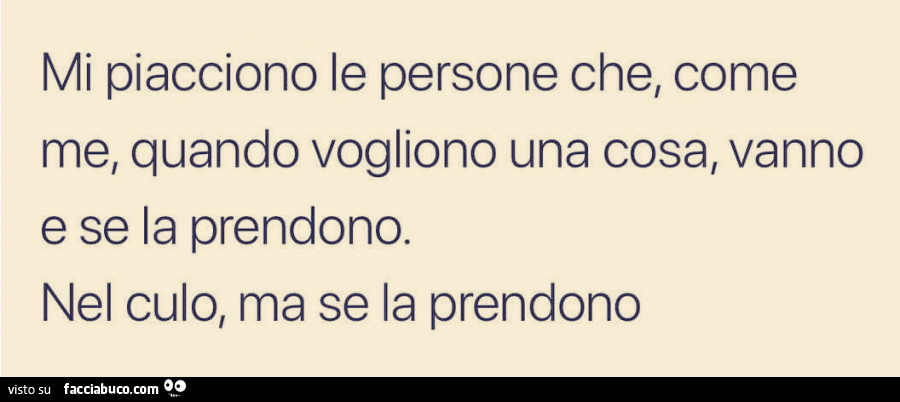 Mi piacciono le persone che, come me, quando vogliono una cosa, vanno e se la prendono. Nel culo, ma se la prendono