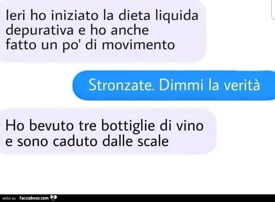 Ieri ho iniziato la dieta liquida depurativa e ho anche fatto un po' di movimento. Stronzate. Dimmi la verità. Ho bevuto tre bottiglie di vino e sono caduto dalle scale