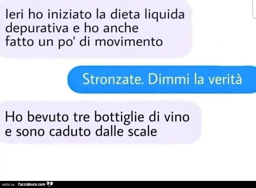 Ieri ho iniziato la dieta liquida depurativa e ho anche fatto un po' di movimento. Stronzate. Dimmi la verità. Ho bevuto tre bottiglie di vino e sono caduto dalle scale