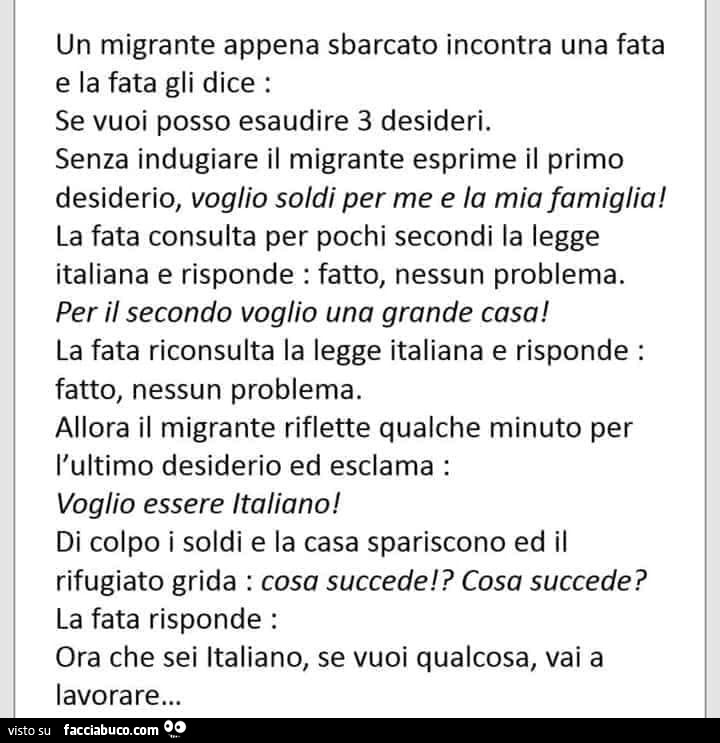 Un migrante appena sbarcato incontra una fata e la fata gli dice: se vuoi posso esaudire 3 desideri. Senza indugiare il migrante esprime il primo desiderio, voglio soldi per me e la mia famiglia