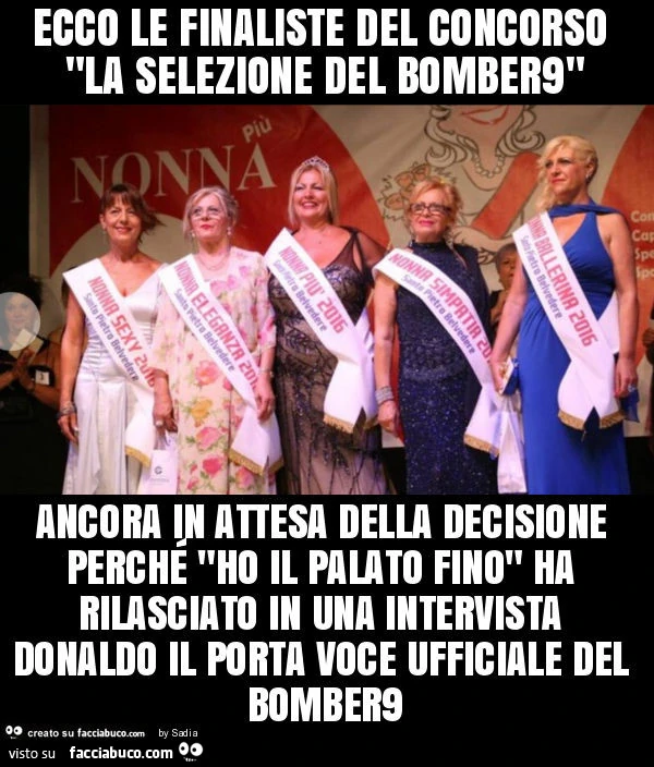 Ecco le finaliste del concorso "la selezione del bomber9" ancora in attesa della decisione perché "ho il palato fino" ha rilasciato in una intervista donaldo il porta voce ufficiale del bomber9