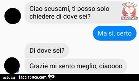 Ciao scusami, ti posso solo chiedere di dove sei? Ma sì, certo. Di dove sei? Grazie mi sento meglio, ciaoooo