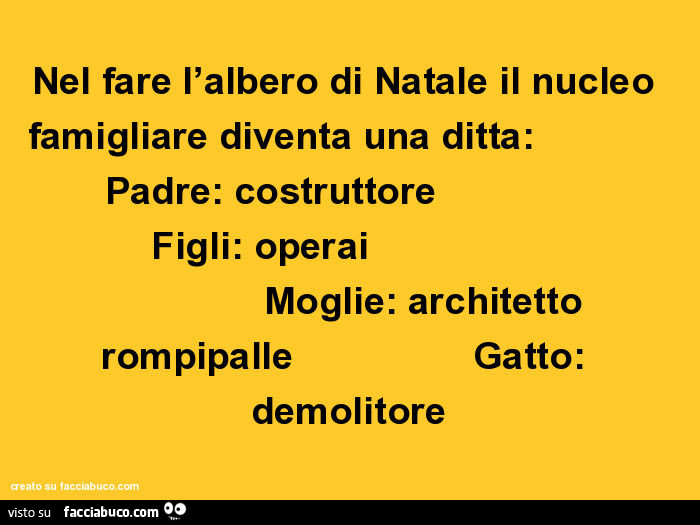 Nel fare l'albero di natale il nucleo famigliare diventa una ditta: padre: costruttore figli: operai moglie: architetto rompipalle gatto: demolitore