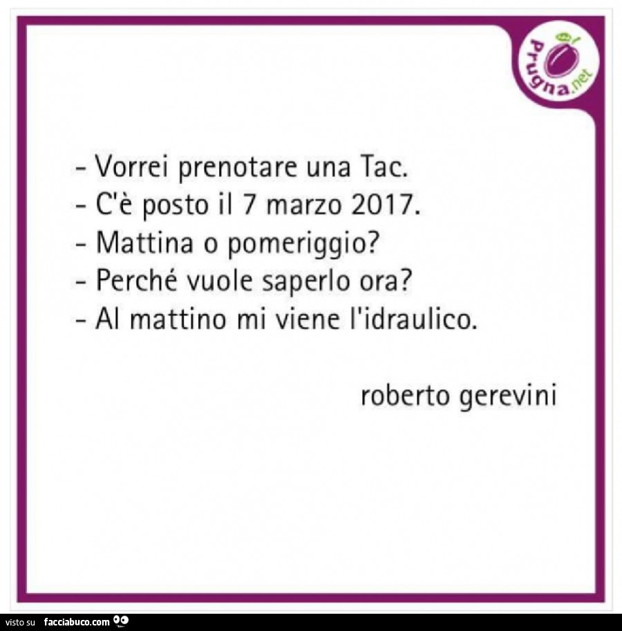 Vorrei prenotare una tac. C'è posto il 7 marzo 2030 mattina o pomeriggio? Perché vuole saperlo ora? Al mattino mi viene l'idraulico