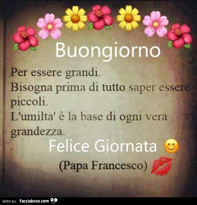 Buongiorno. Per essere grandi bisogna prima di tutto saper essere piccoli. L'umiltà è la base di ogni vera grandezza. Felice giornata. Papa Francesco
