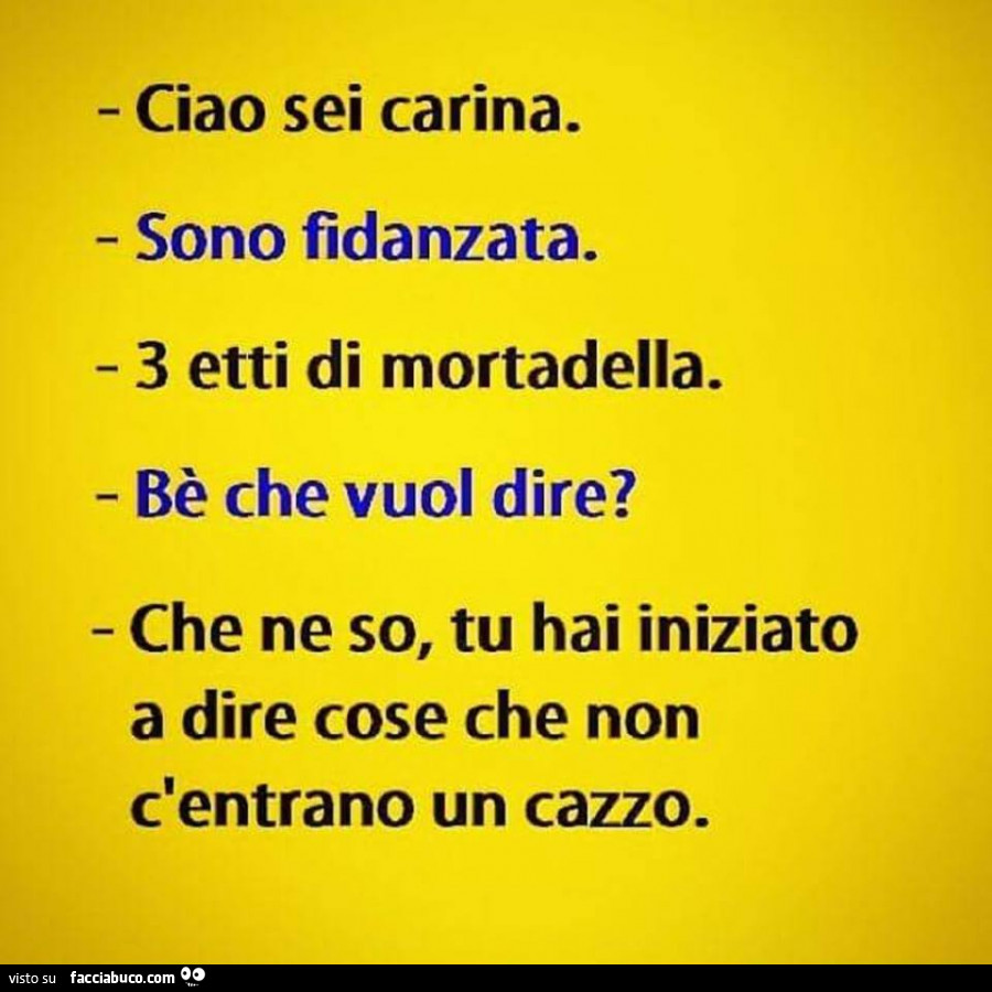 Ciao sei carina. Sono fidanzata. 3 etti di mortadella. Bè che vuol dire? Che ne so, tu hai iniziato a dire cose che non c'entrano un cazzo