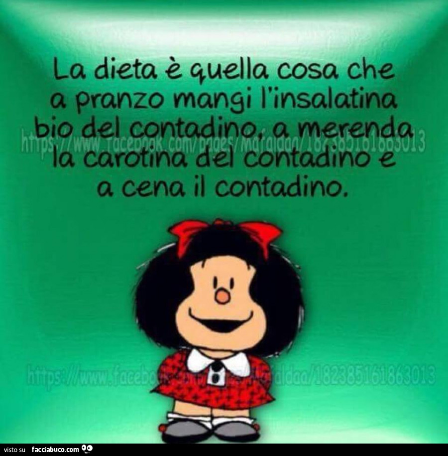 La dieta è quella cosa che a pranzo mangi l'insalatina bio del contadino, a merenda la carotina del contadino e a cena il contadino